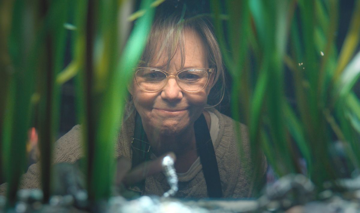 A woman in glasses looks at a creature in a tank