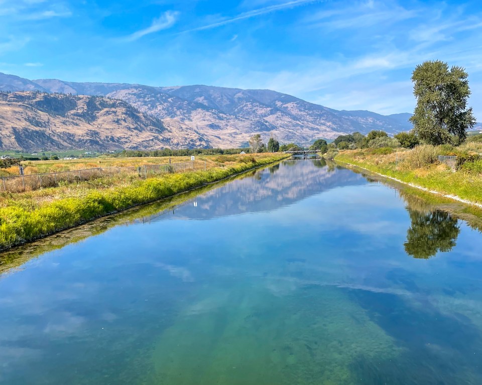Mountain reflections in a river, Okanagan, British Columbia, Canada