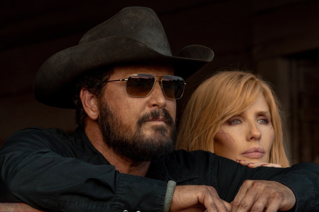 Cole Hauser as Rip Wheeler wearing a cowboy hat and sunglasses, and Kelly Reilly as Beth Dutton, in Dutton Ranch.